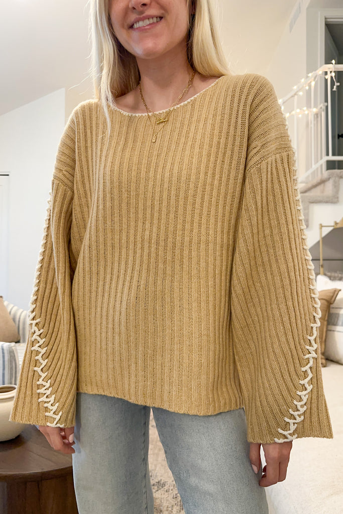 Daisy Stitch Details Knit Sweater in Muted Gold