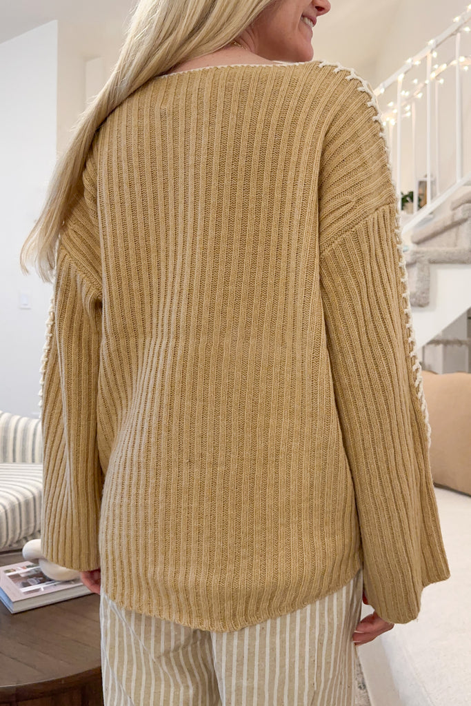 Daisy Stitch Details Knit Sweater in Muted Gold