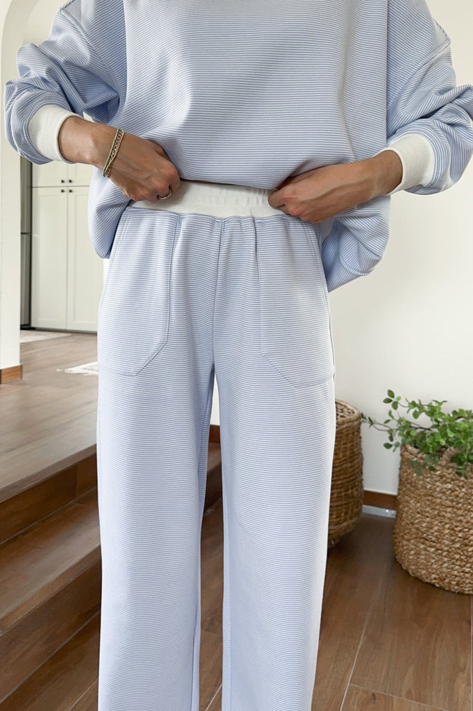 Blue and white striped lounge sweat pants