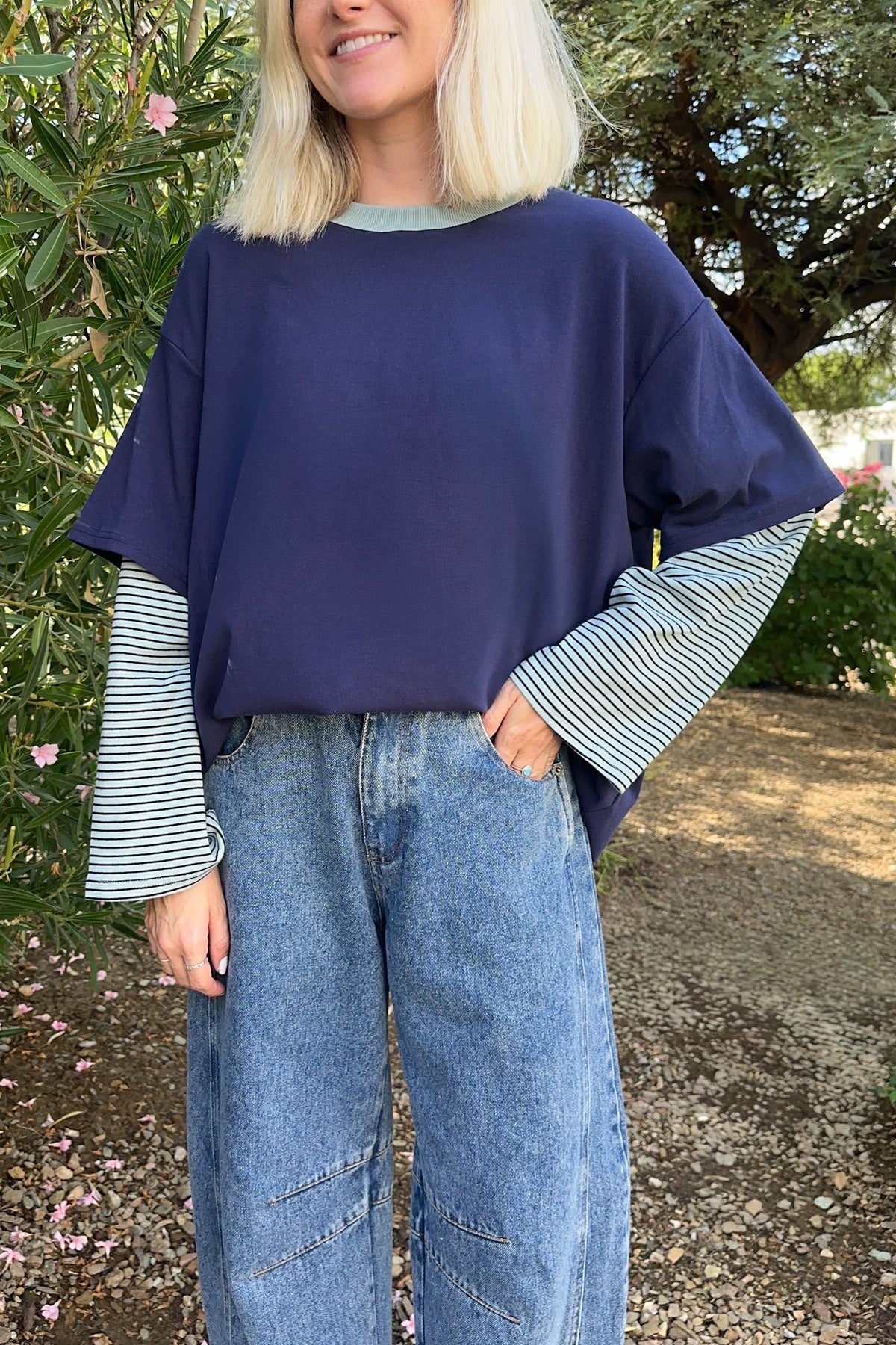 Avril Striped Double Layered Oversized Tee