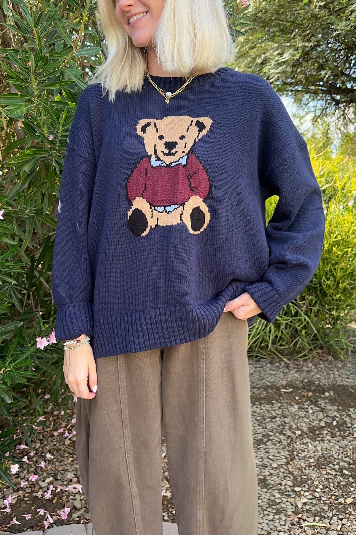 Ralphie Teddy Crew Neck Bear Sweater in Navy Blue