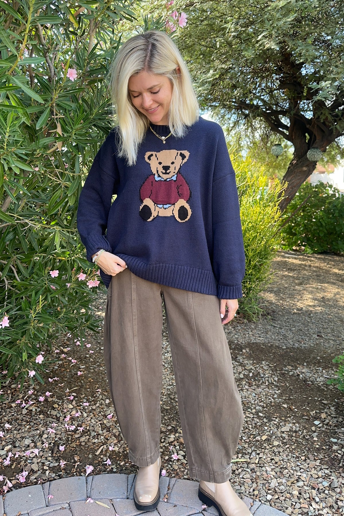 Ralphie Teddy Crew Neck Bear Sweater in Navy Blue