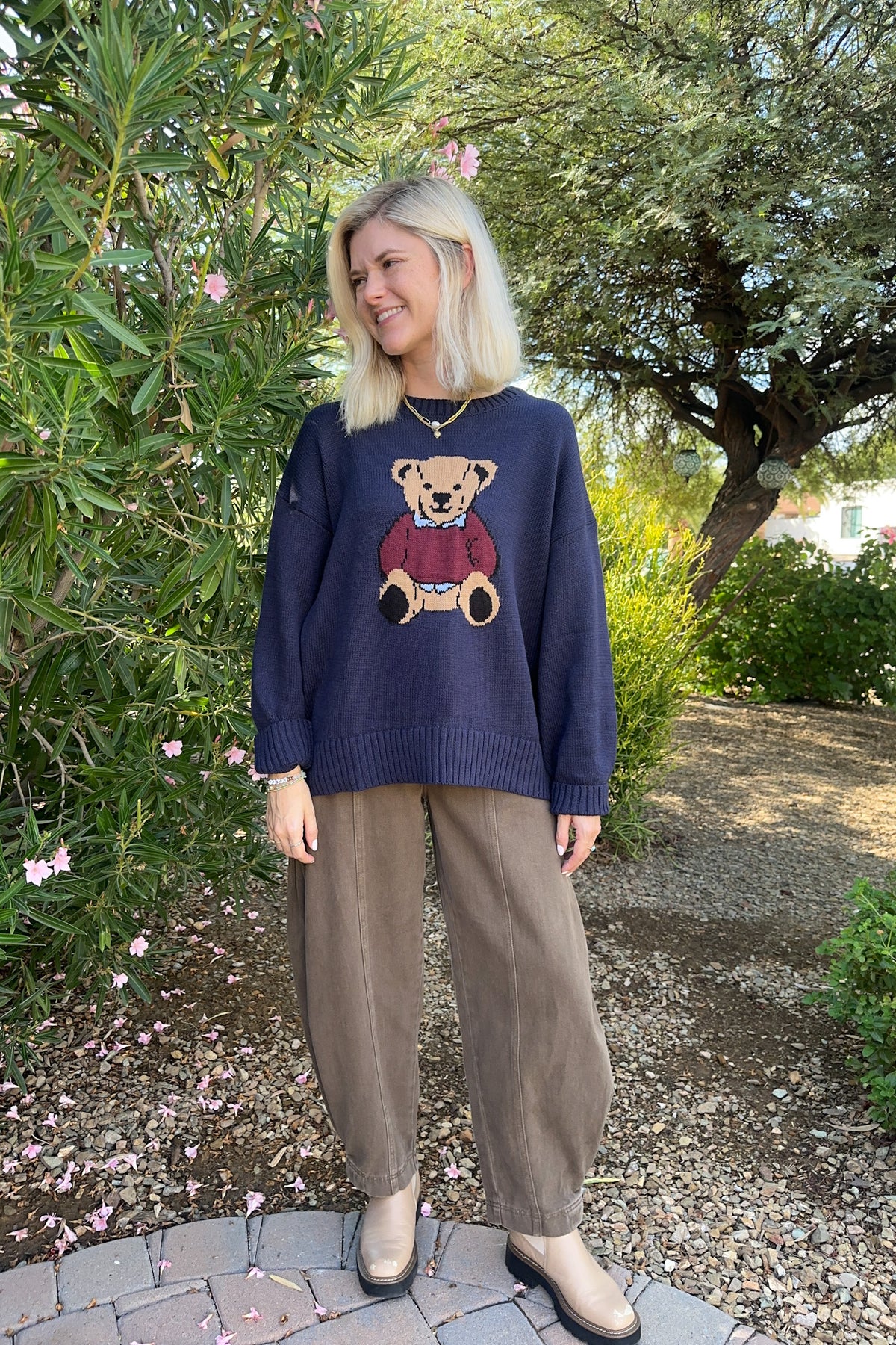 Ralphie Teddy Crew Neck Bear Sweater in Navy Blue