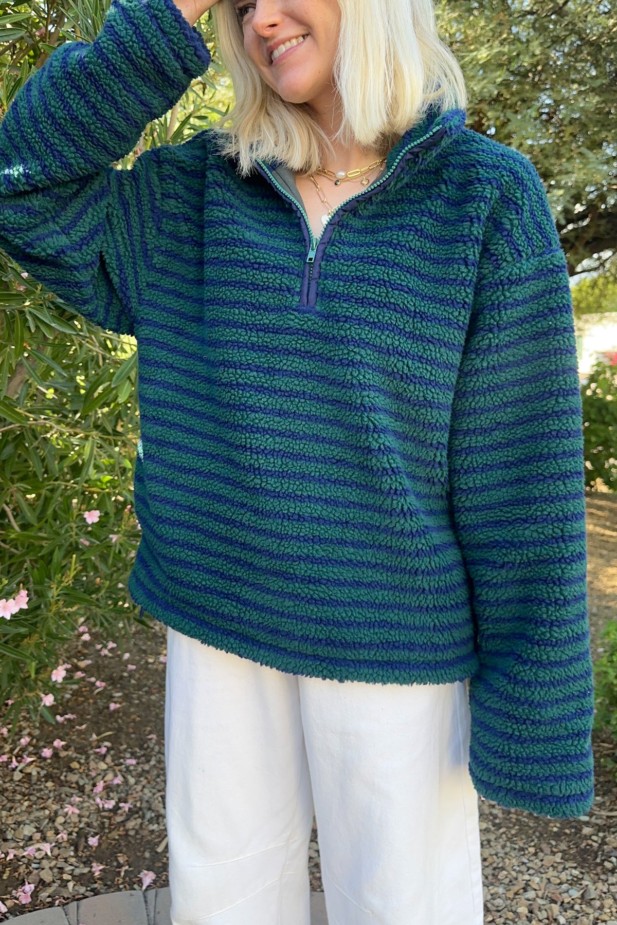 Evergreen Striped Sherpa Quarter Zip Pullover