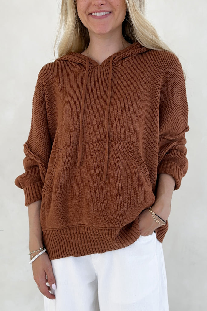Person wearing a brown hoodie with a plain background