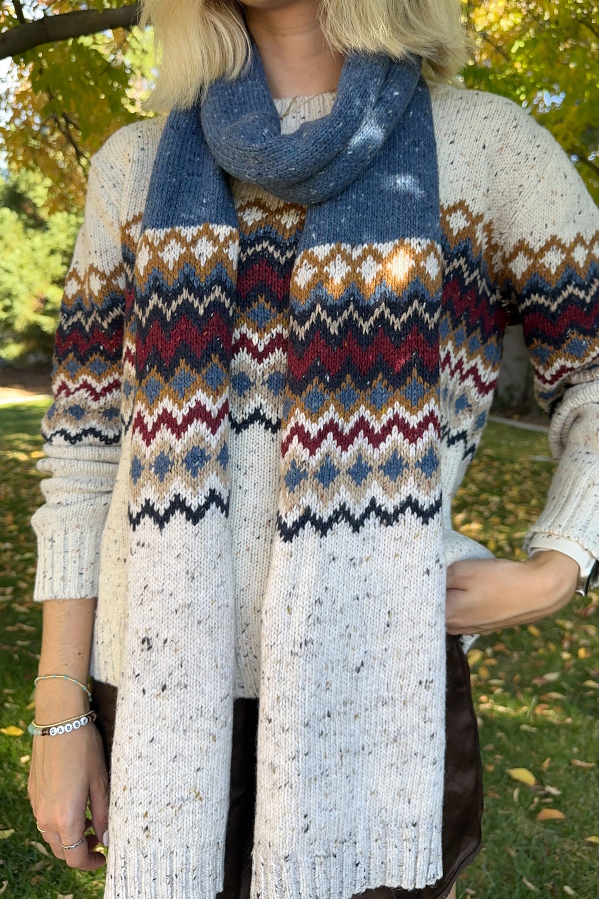 The Highlands Fair Isle Knit Scarf Maroon & Blue