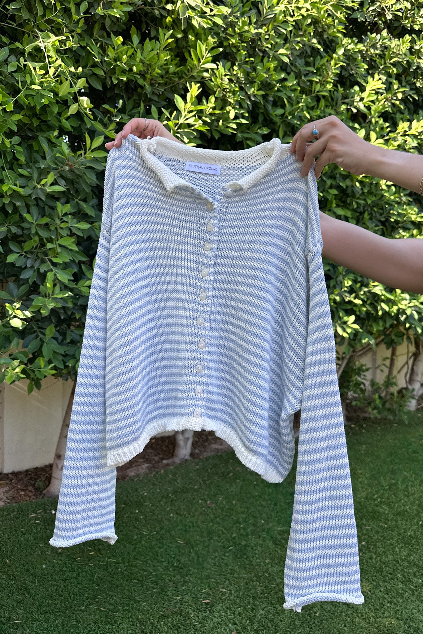 Haven Cotton Mini Striped Knit Cardigan in Dusty Blue and White