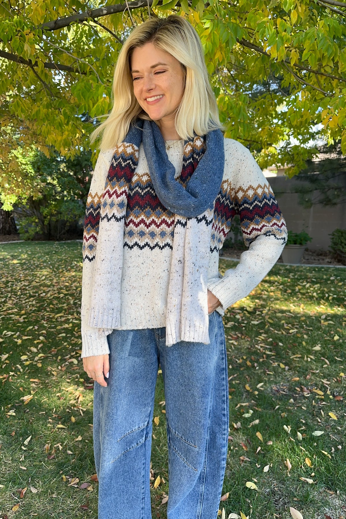 The Highlands Fair Isle Knit Scarf Maroon & Blue
