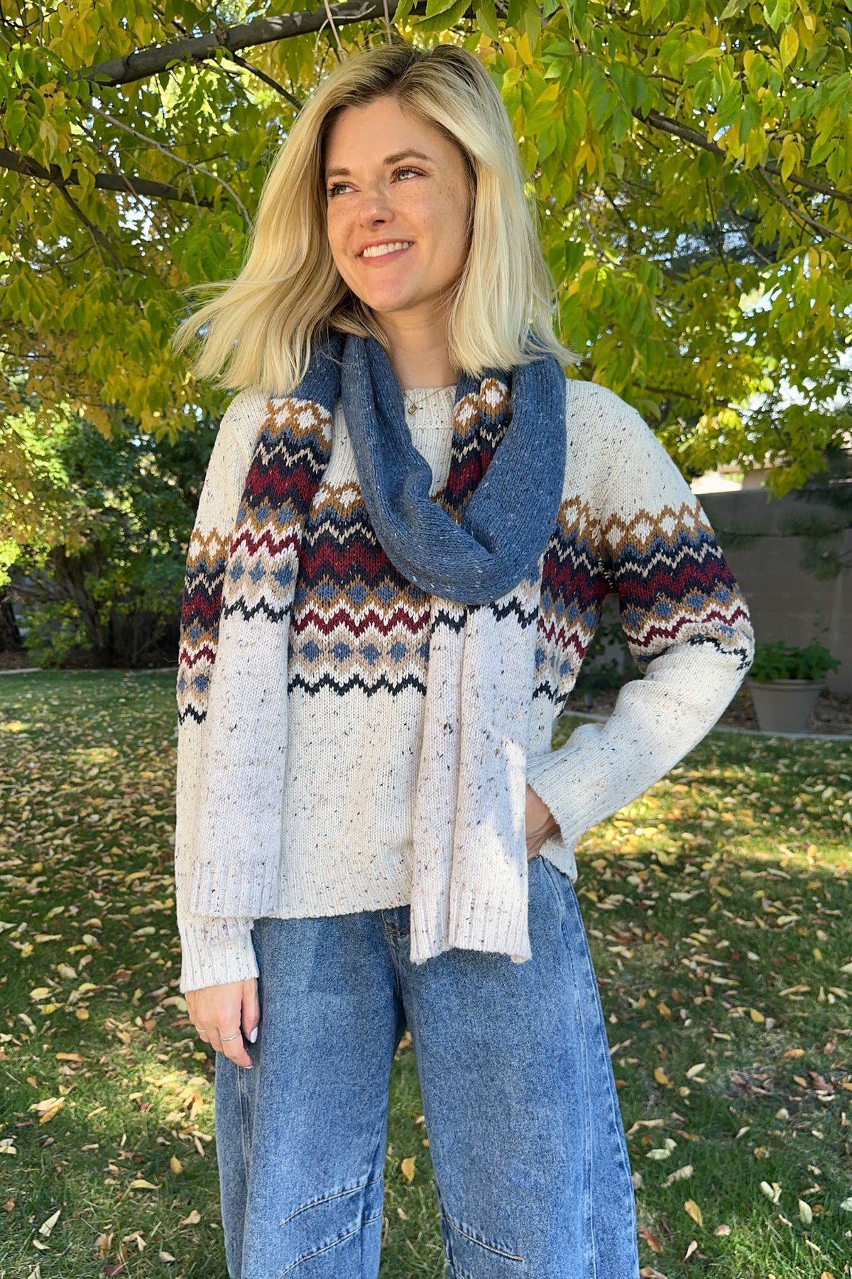 The Highlands Fair Isle Knit Scarf Maroon & Blue