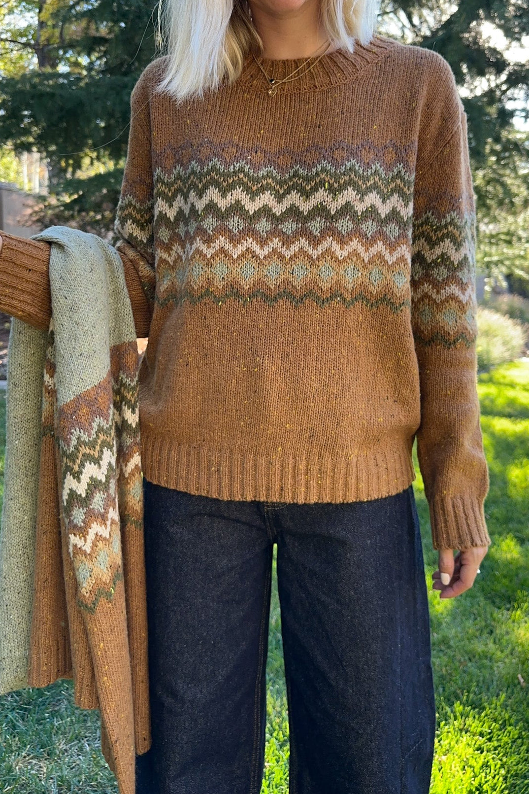 The Highlands Faire Isle Knit Scarf in Rust & Olive