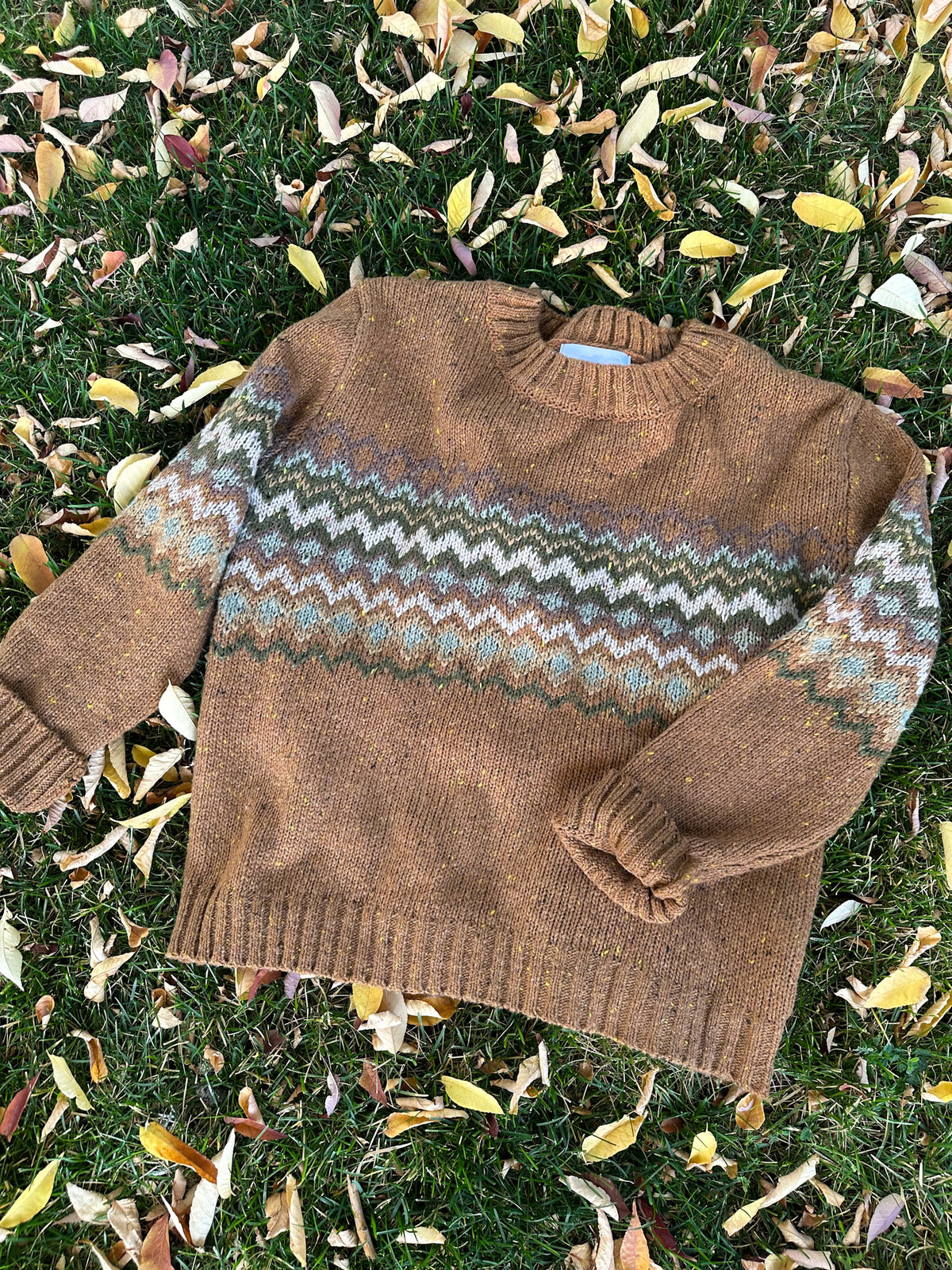 A brown knit sweater with a multicolor Fair Isle pattern across the chest and sleeves, laid flat on green grass scattered with yellow and brown autumn leaves.