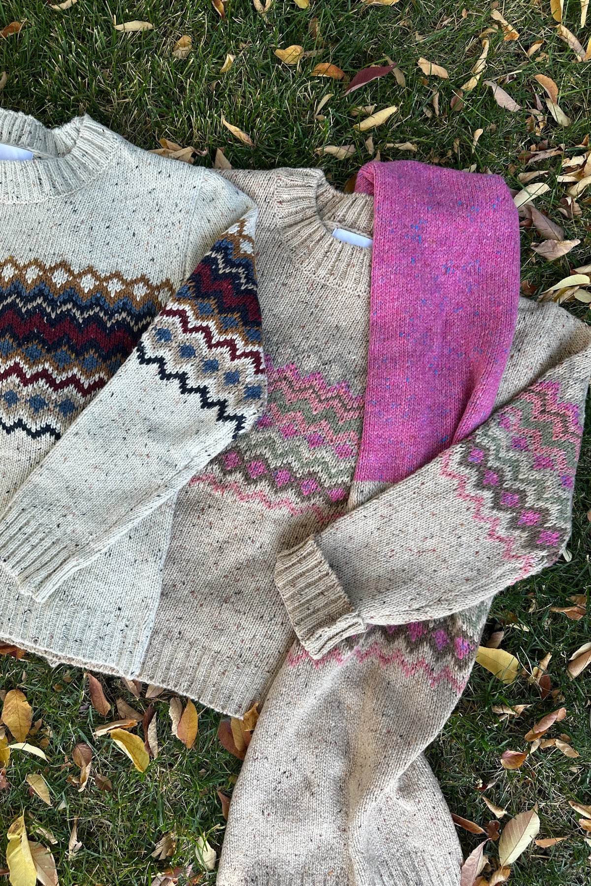 The Highlands Faire Isle Knit Pullover Sweater in Pink & Oatmeal