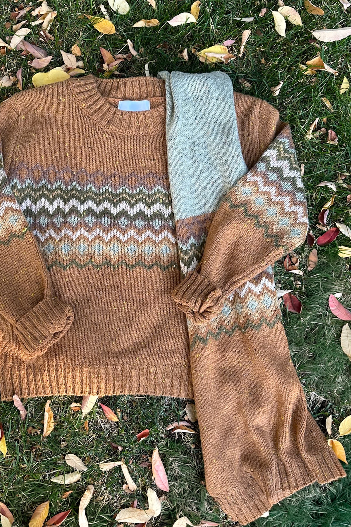 The Highlands Faire Isle Knit Scarf in Rust & Olive