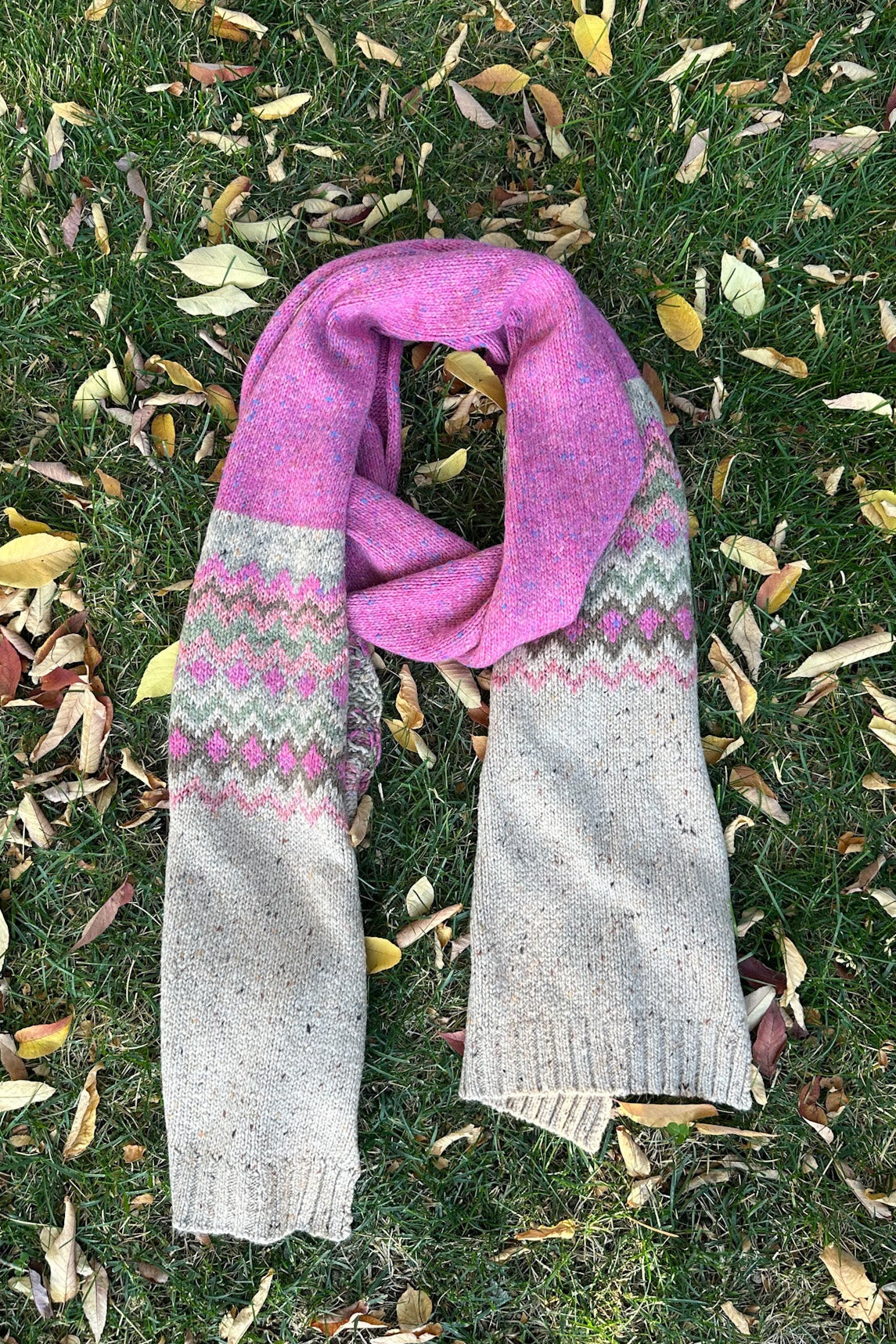 The Highlands Faire Isle Knit Scarf in Pink & Oatmeal