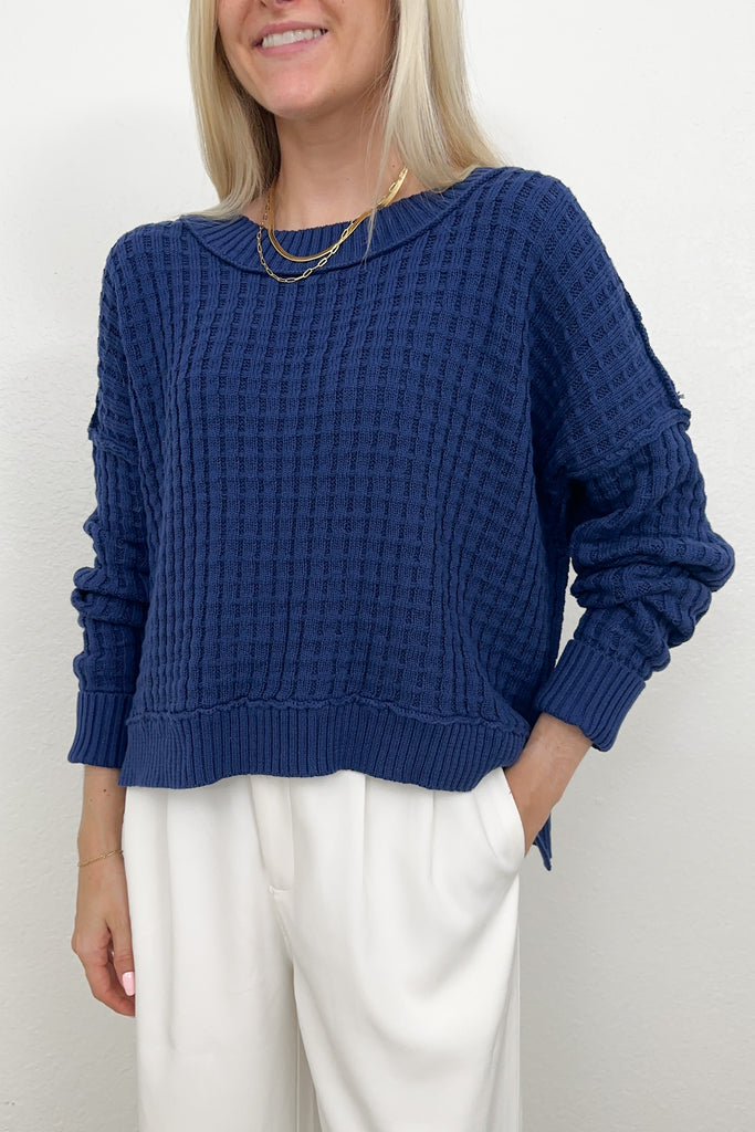 Annie Waffle Knit Pullover Sweater in Navy