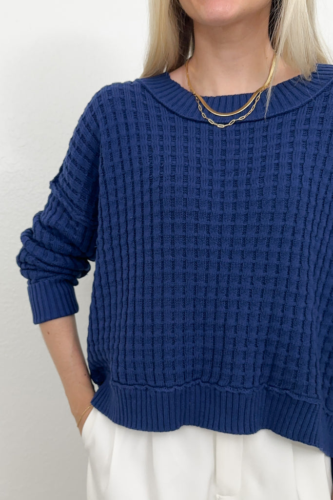 Annie Waffle Knit Pullover Sweater in Navy