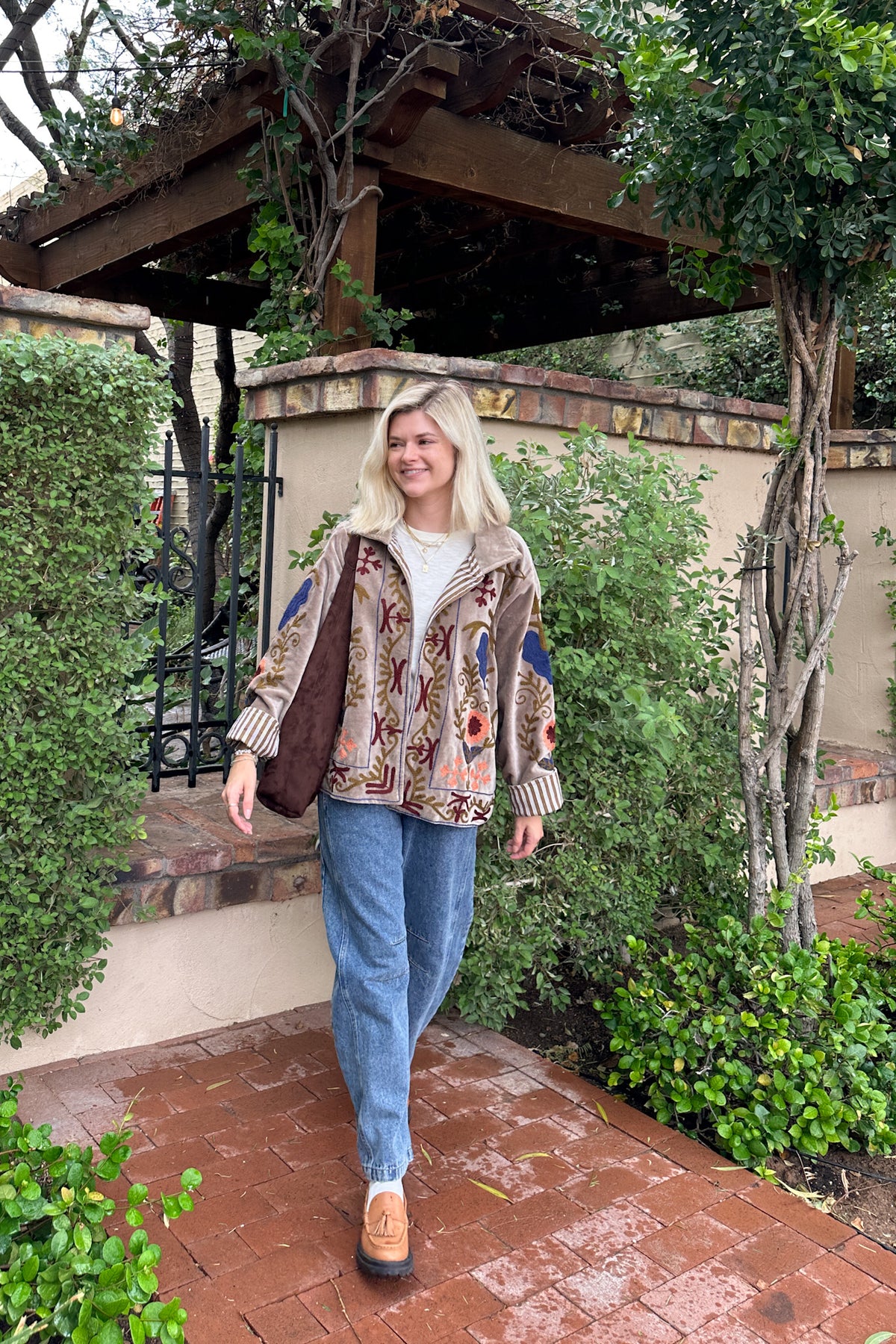 Whimsy Cotton Embroidered Jacket in Taupe