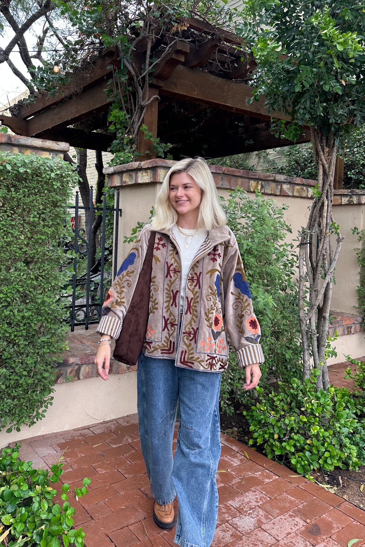 Whimsy Cotton Embroidered Jacket in Taupe