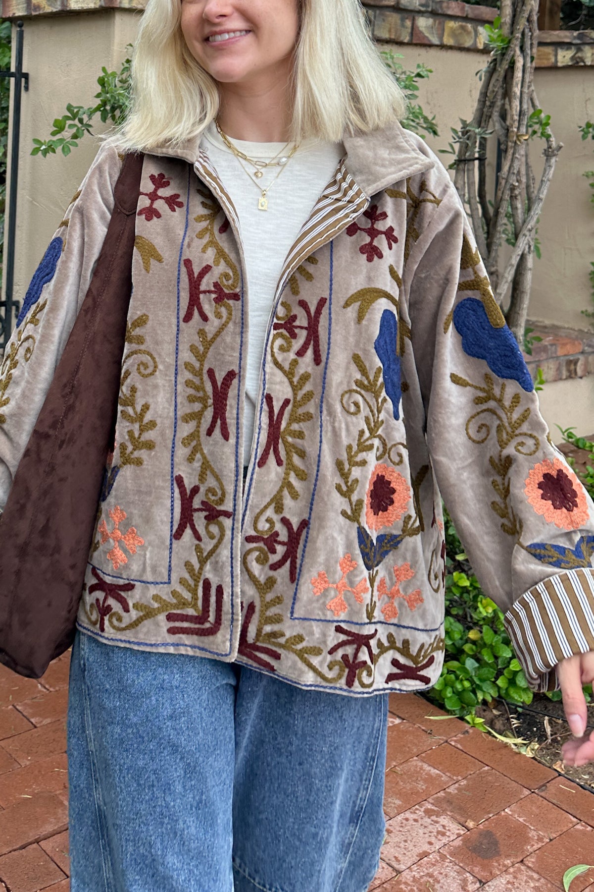 Whimsy Cotton Embroidered Jacket in Taupe