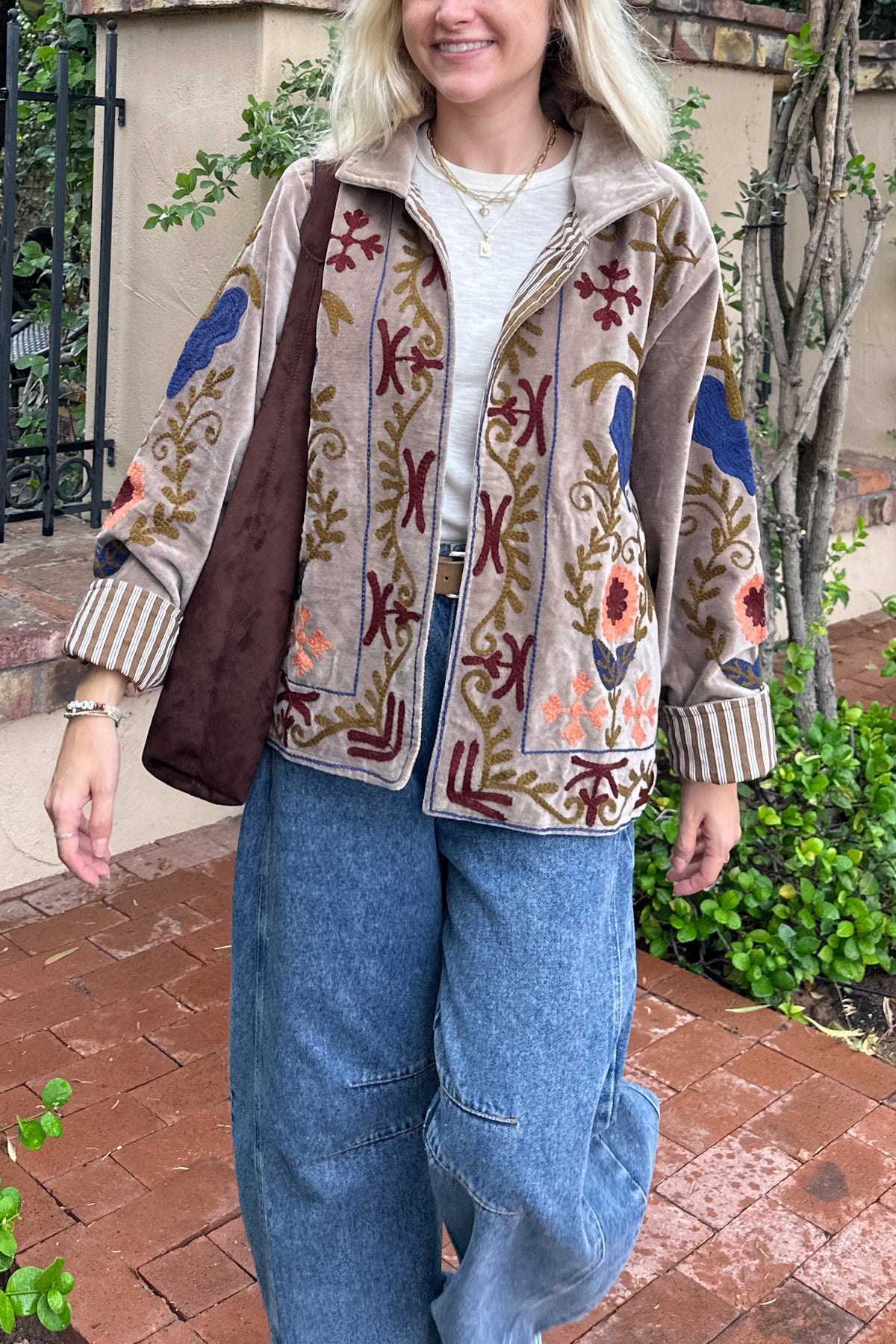 Whimsy Cotton Embroidered Jacket in Taupe
