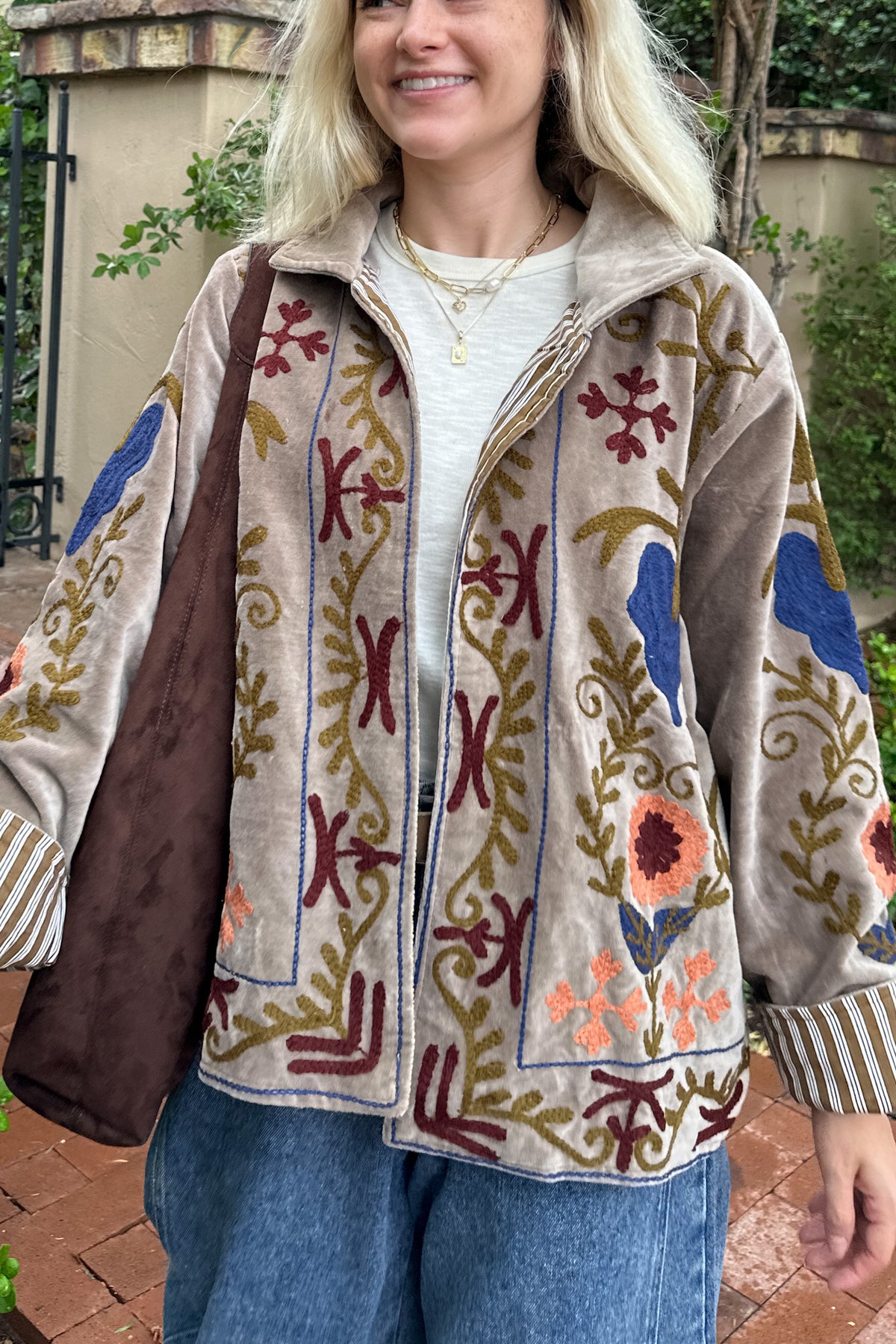 Whimsy Cotton Embroidered Jacket in Taupe