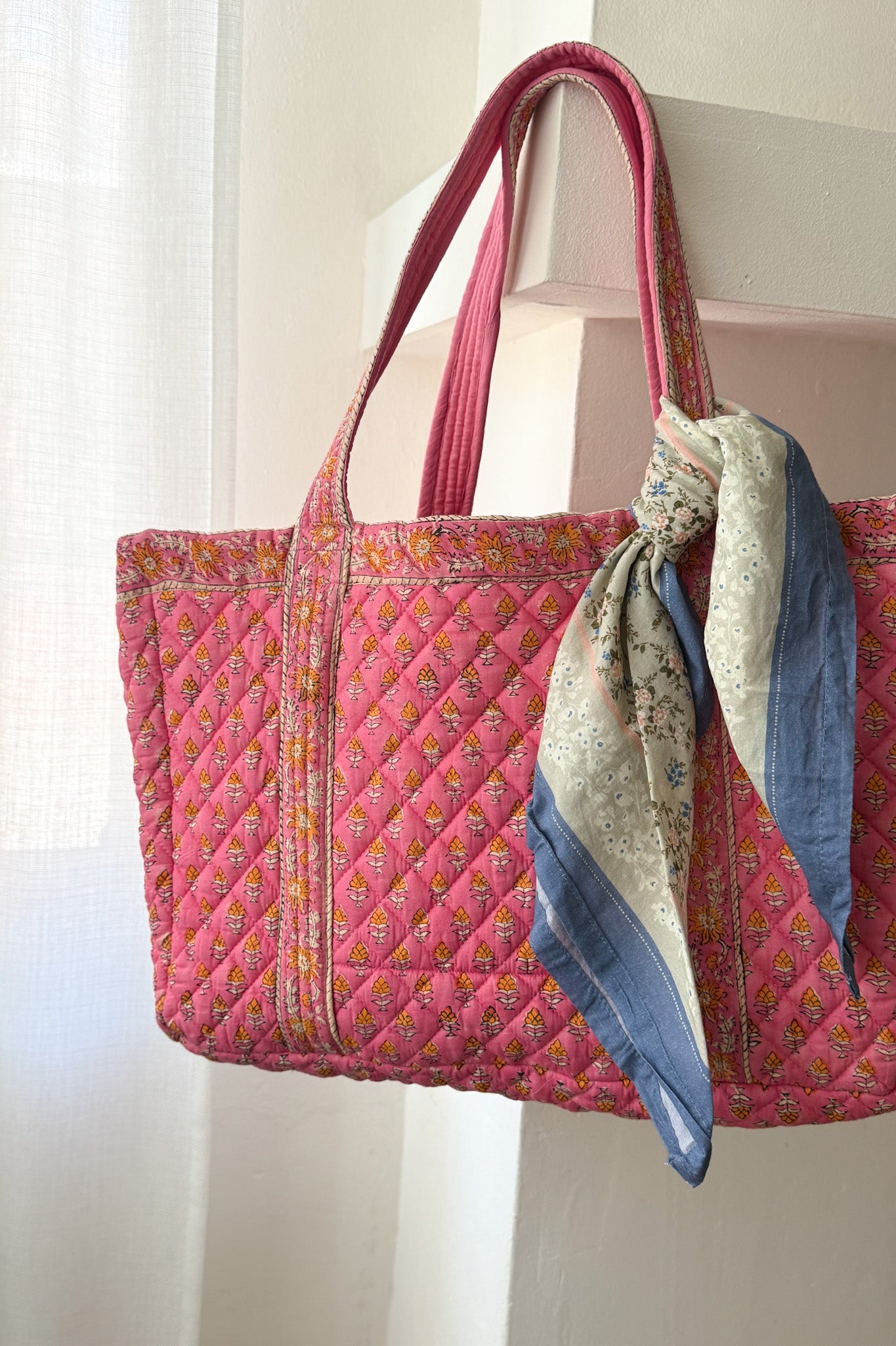 Market Quilted Tote Bag in Pink and Orange