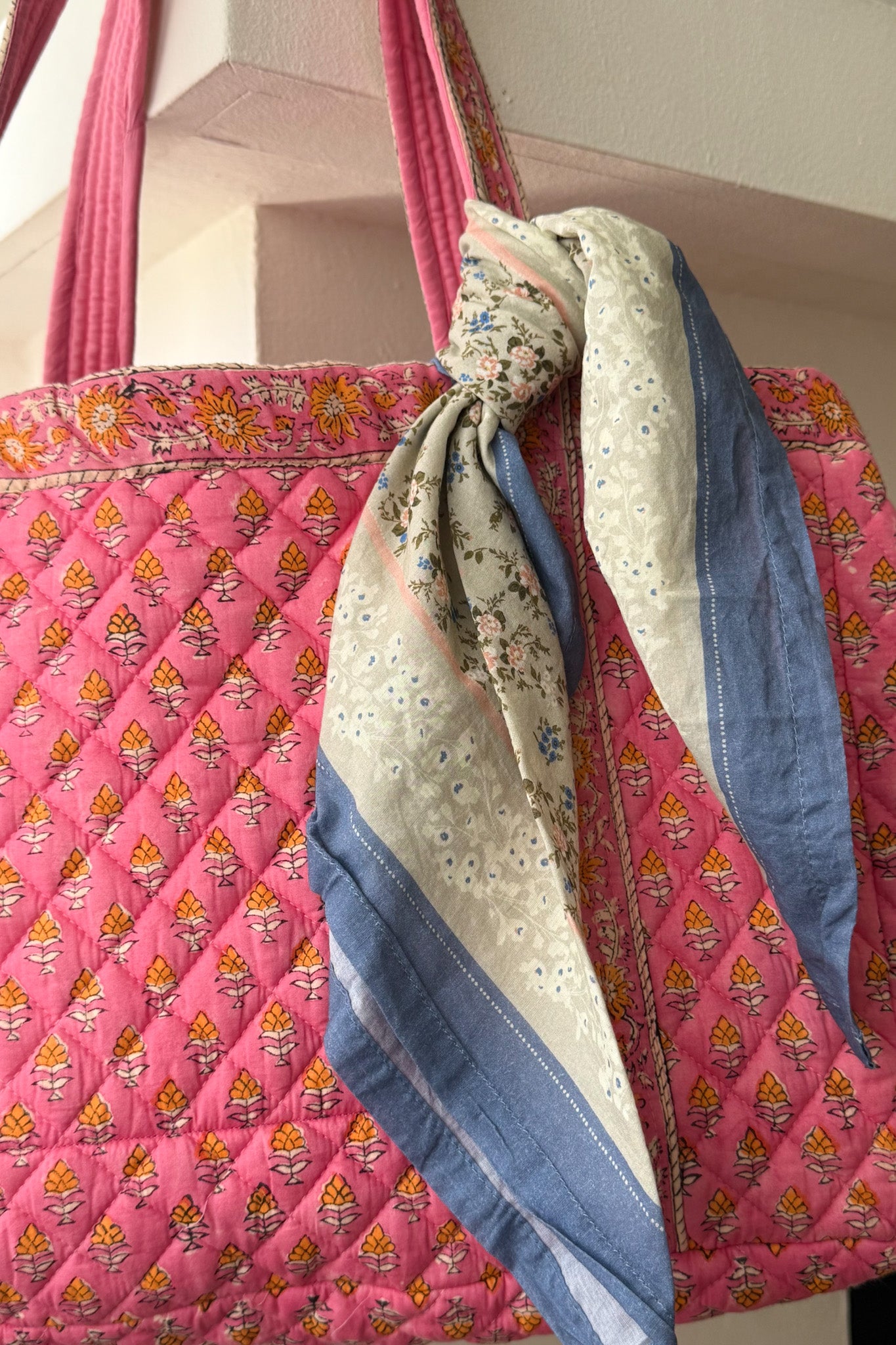 Market Quilted Tote Bag in Pink and Orange