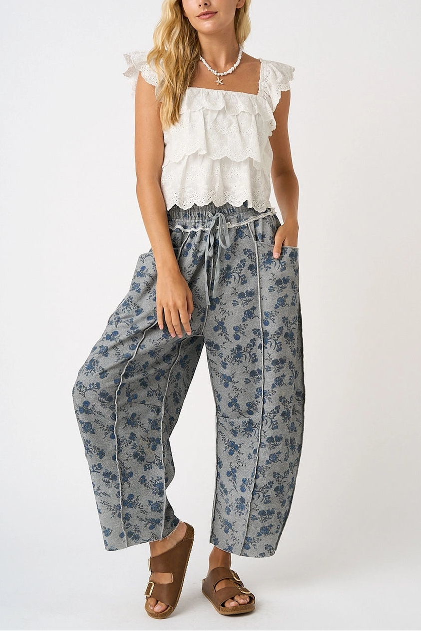Willa Floral Barrel Pants in Grey