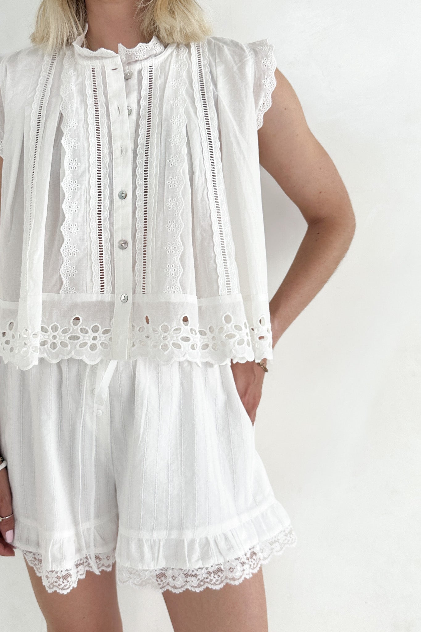 Agatha Eyelet Cotton Blouse - Neutral Ground
