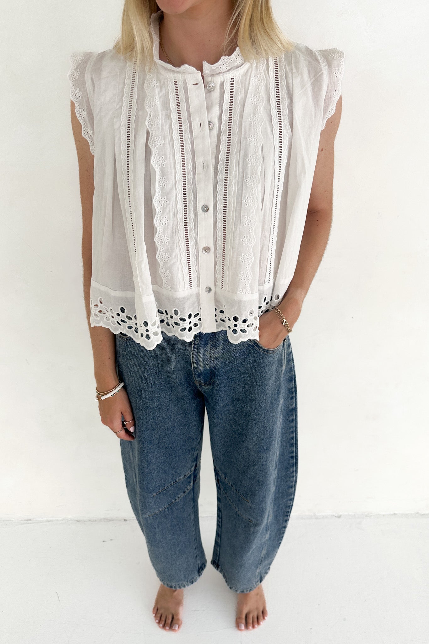 Agatha Eyelet Cotton Blouse - Neutral Ground