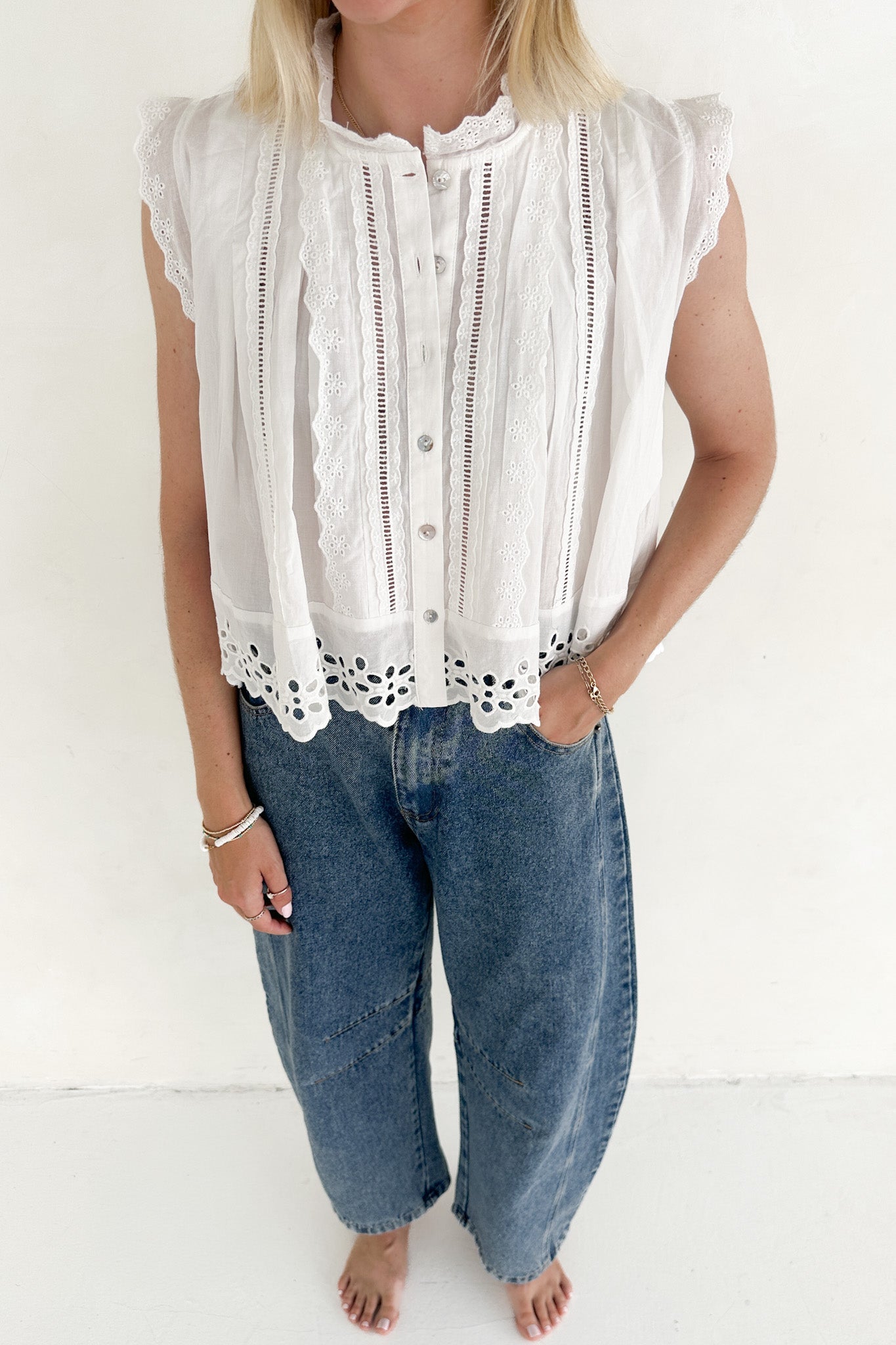 Agatha Eyelet Cotton Blouse - Neutral Ground