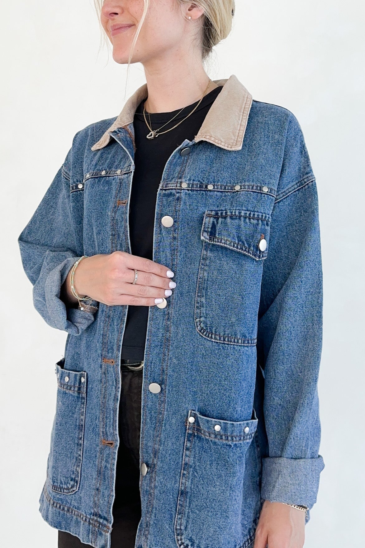 Andie Studded Denim Barn Jacket - Neutral Ground