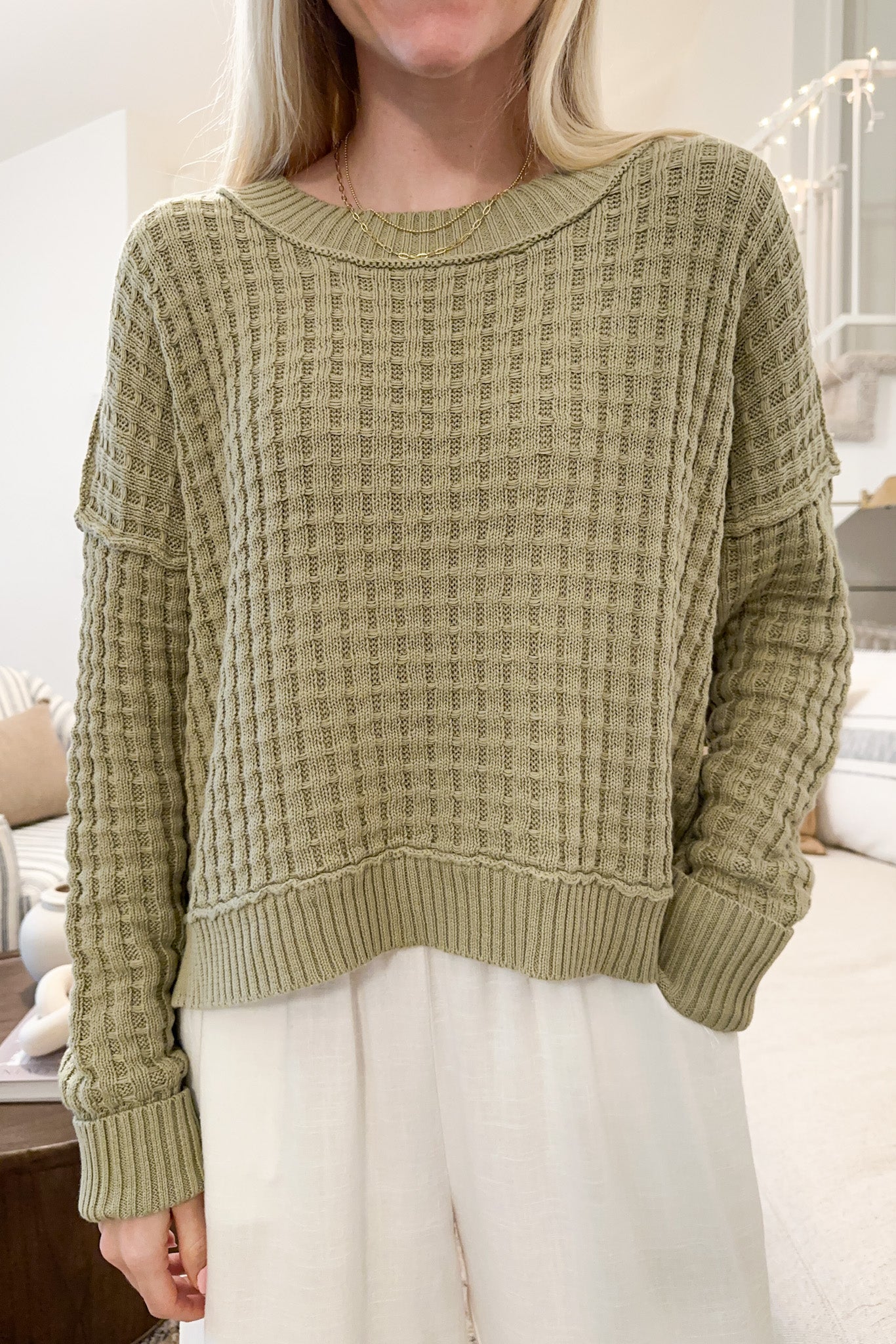 Annie Waffle Knit Pullover Sweater in Sage