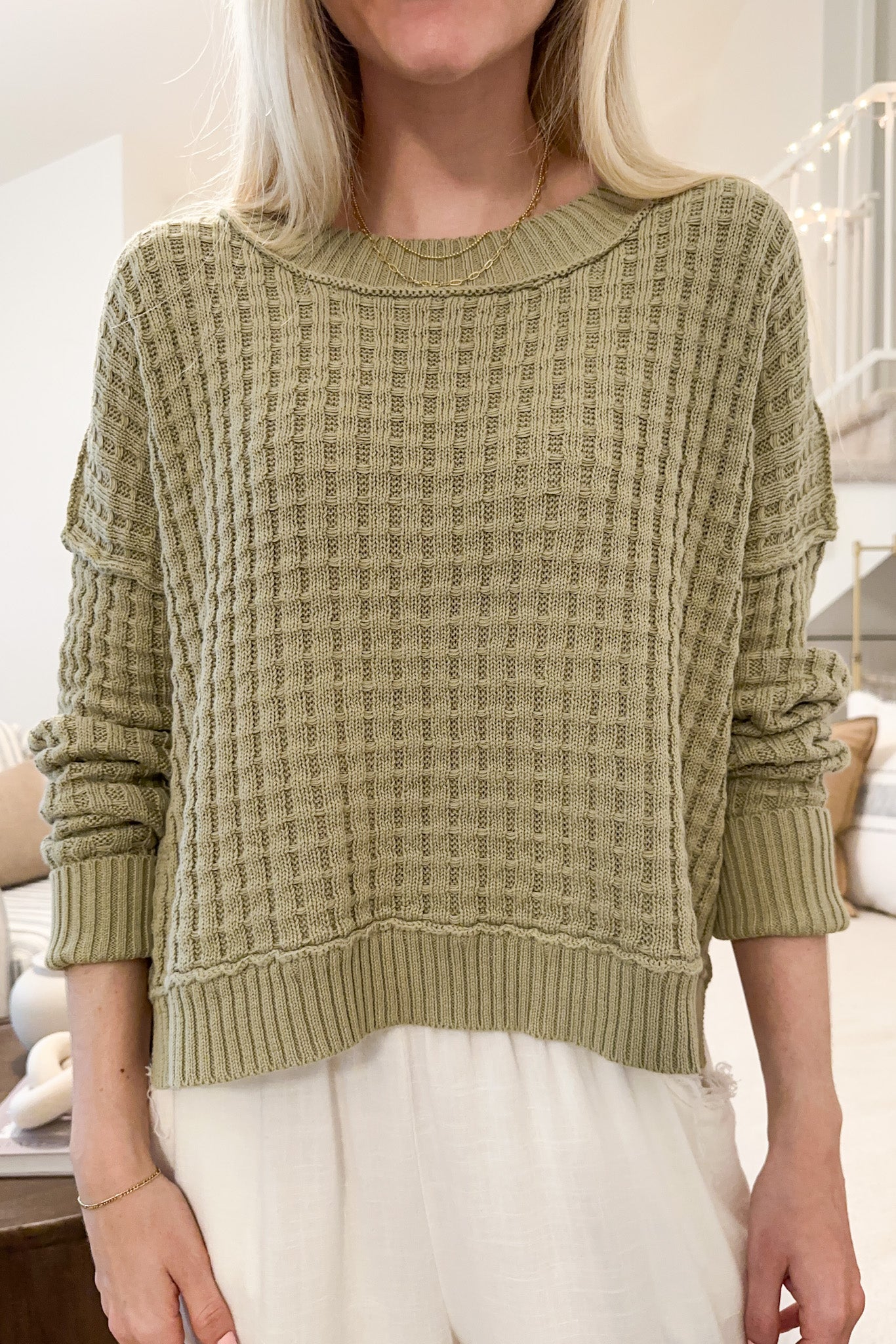Annie Waffle Knit Pullover Sweater in Sage - Neutral Ground