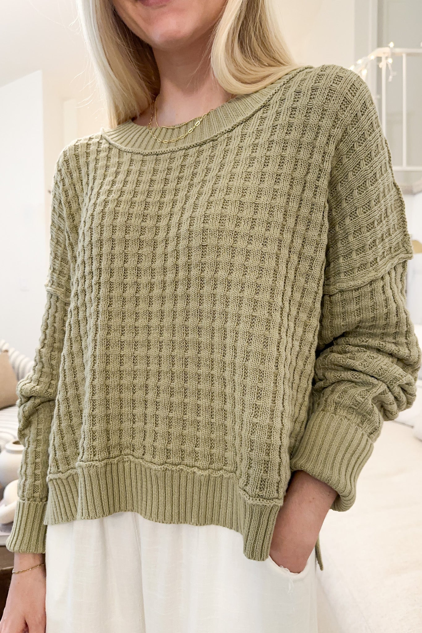 Annie Waffle Knit Pullover Sweater in Sage - Neutral Ground