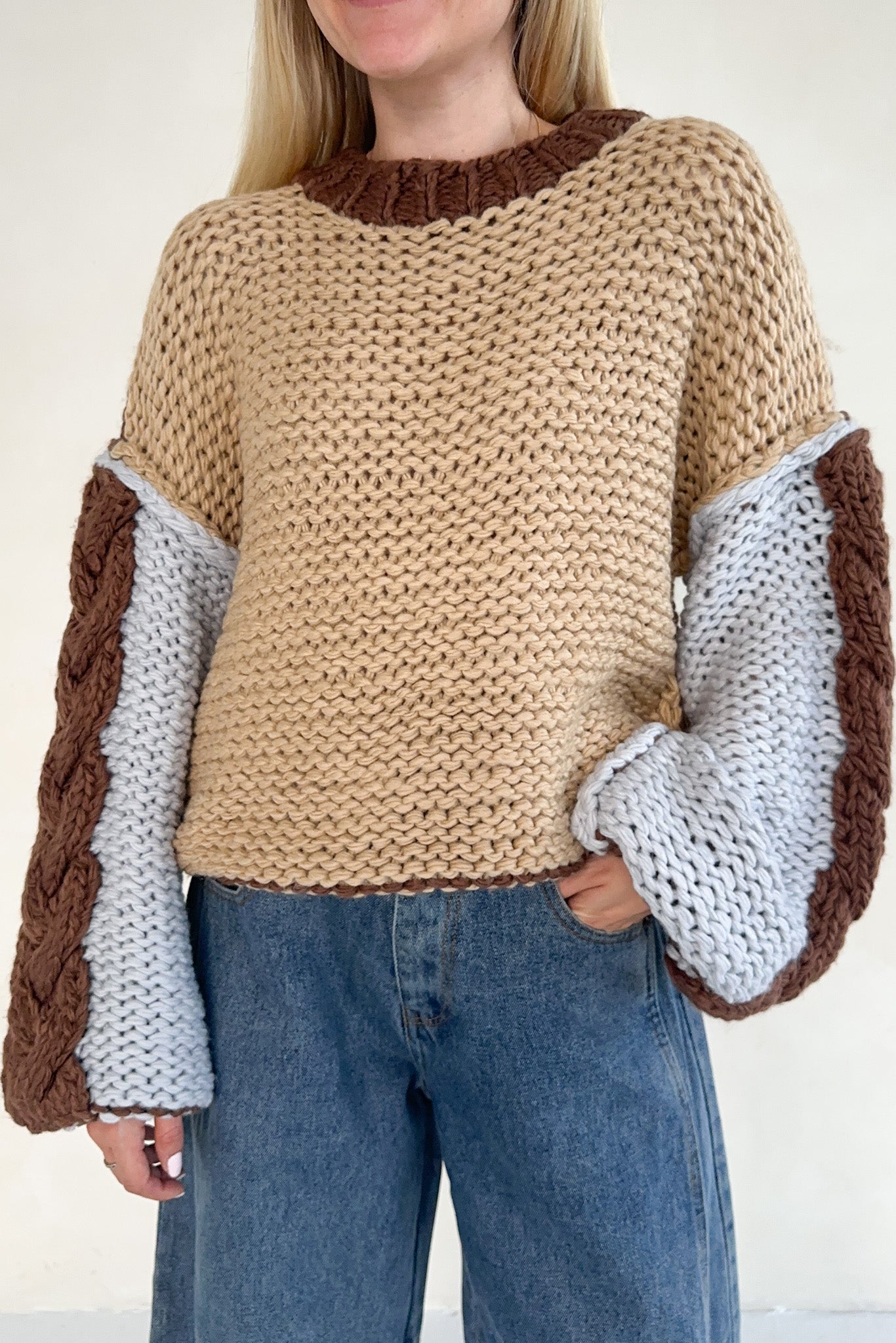 August Hand - Knit Colorblock Chunky Pullover - Neutral Ground