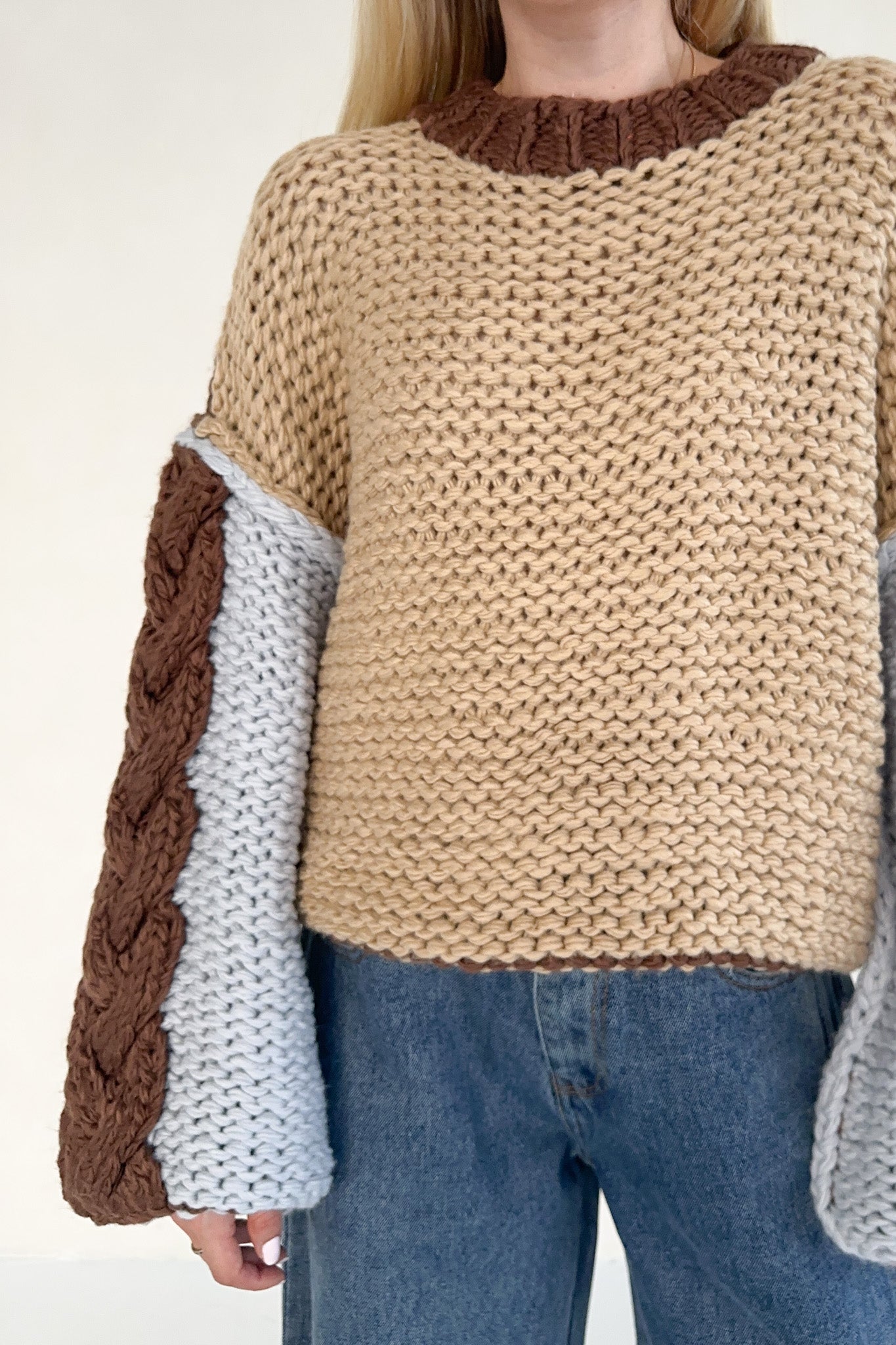 August Hand - Knit Colorblock Chunky Pullover - Neutral Ground