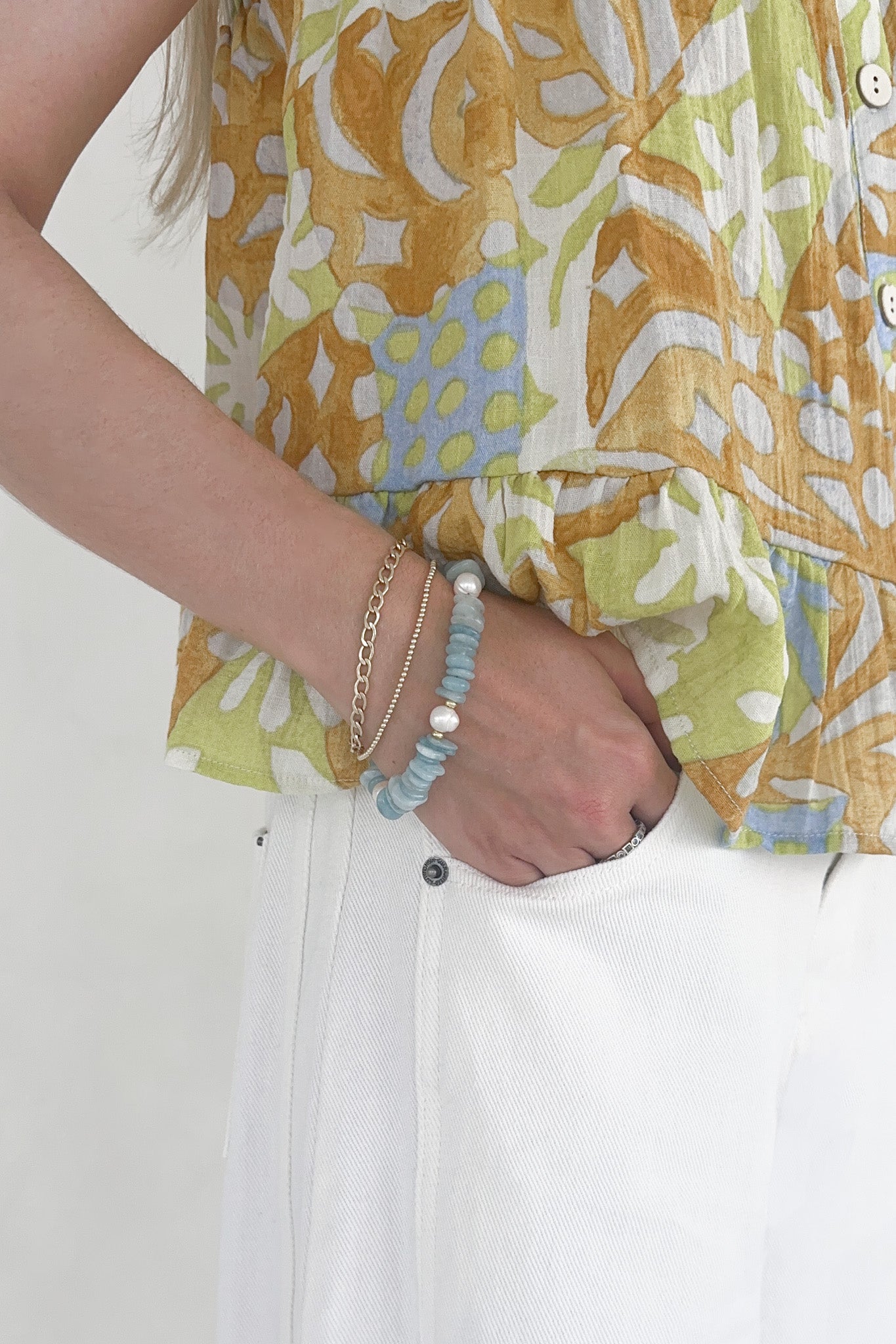 Bali Pearl & Aquamarine Beaded Bracelet - Neutral Ground