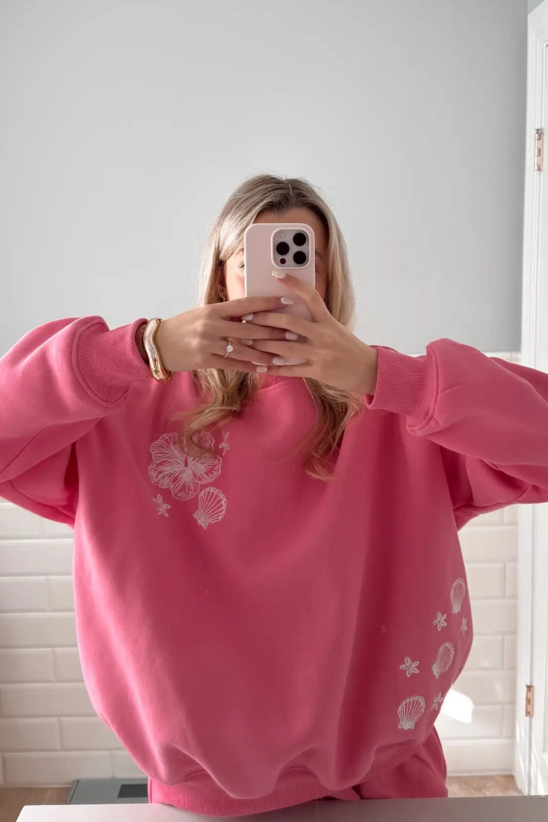 Beach House Tropical Embroidered Sweatshirt in Hibiscus - Neutral Ground