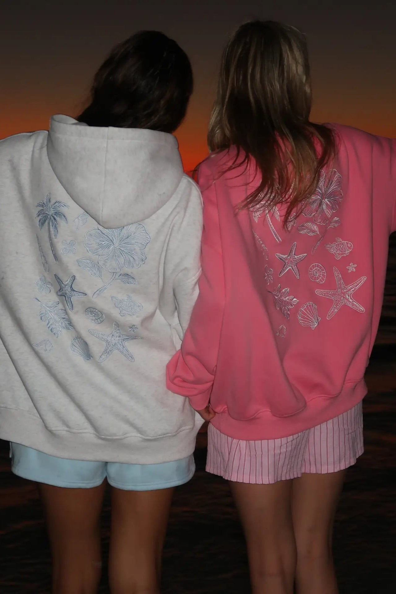 Beach House Tropical Embroidered Sweatshirt in Hibiscus - Neutral Ground