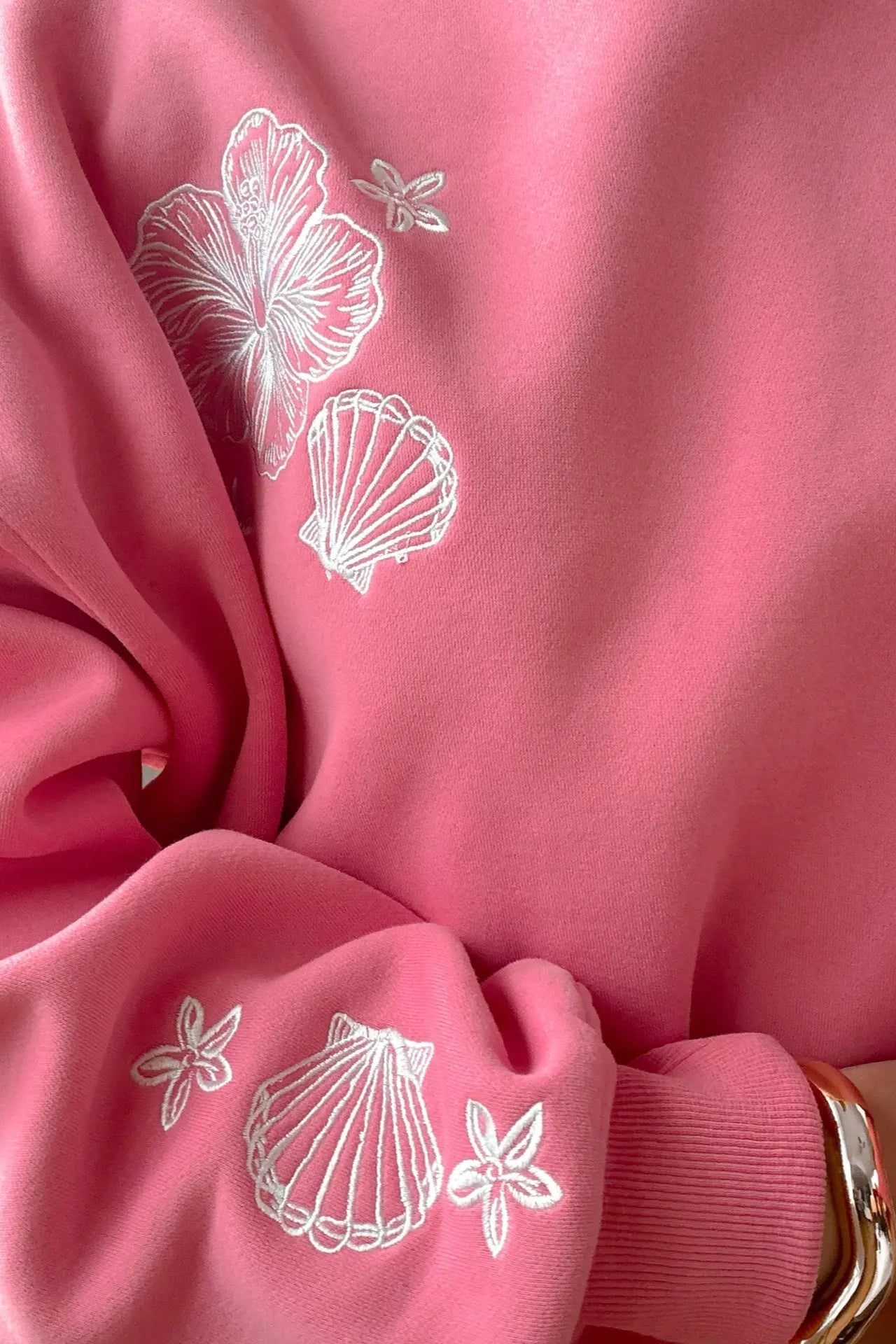 Beach House Tropical Embroidered Sweatshirt in Hibiscus - Neutral Ground