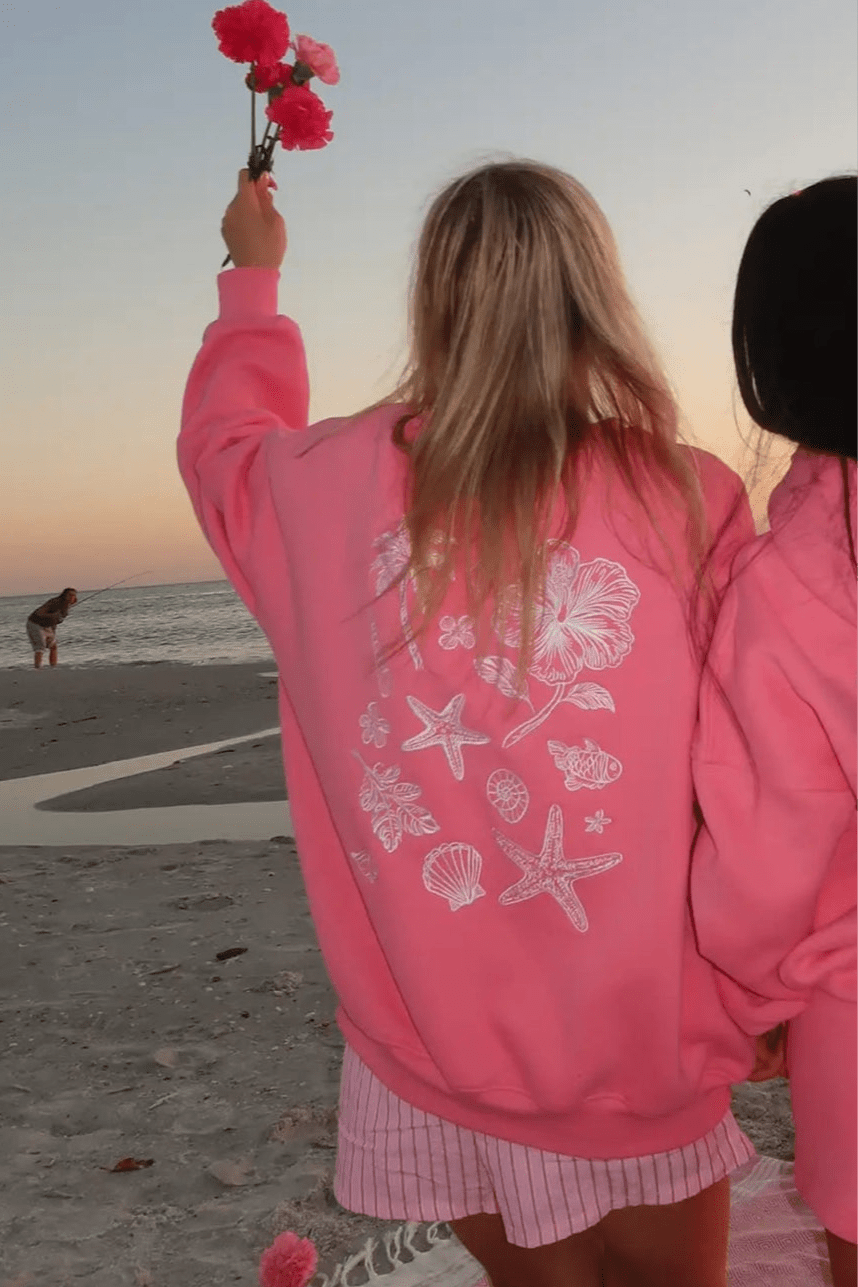 Beach House Tropical Embroidered Sweatshirt in Hibiscus - Neutral Ground