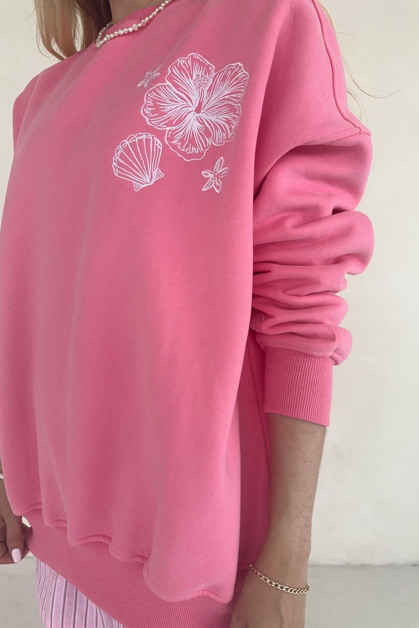 Beach House Tropical Embroidered Sweatshirt in Hibiscus - Neutral Ground