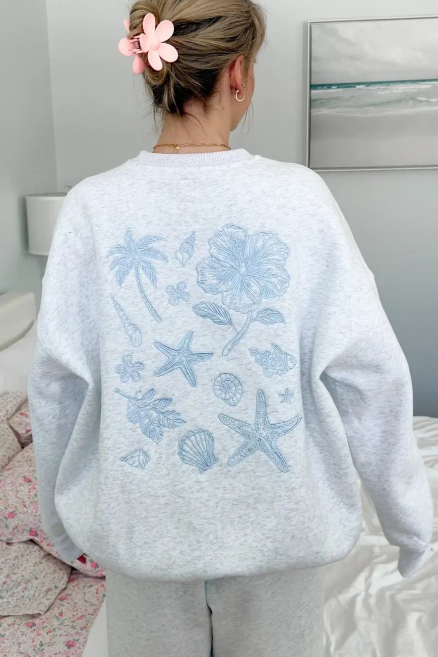Beach House Tropical Embroidered Sweatshirt in Pearl Grey - Neutral Ground
