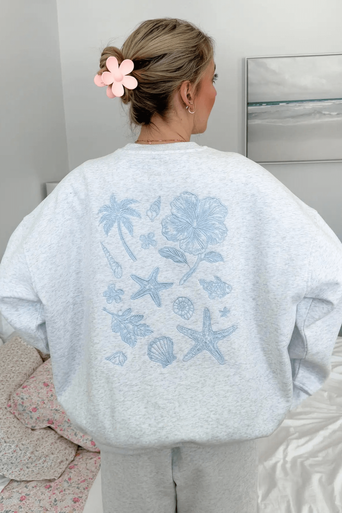 Beach House Tropical Embroidered Sweatshirt in Pearl Grey - Neutral Ground