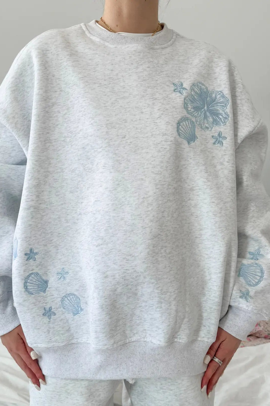 Beach House Tropical Embroidered Sweatshirt in Pearl Grey - Neutral Ground