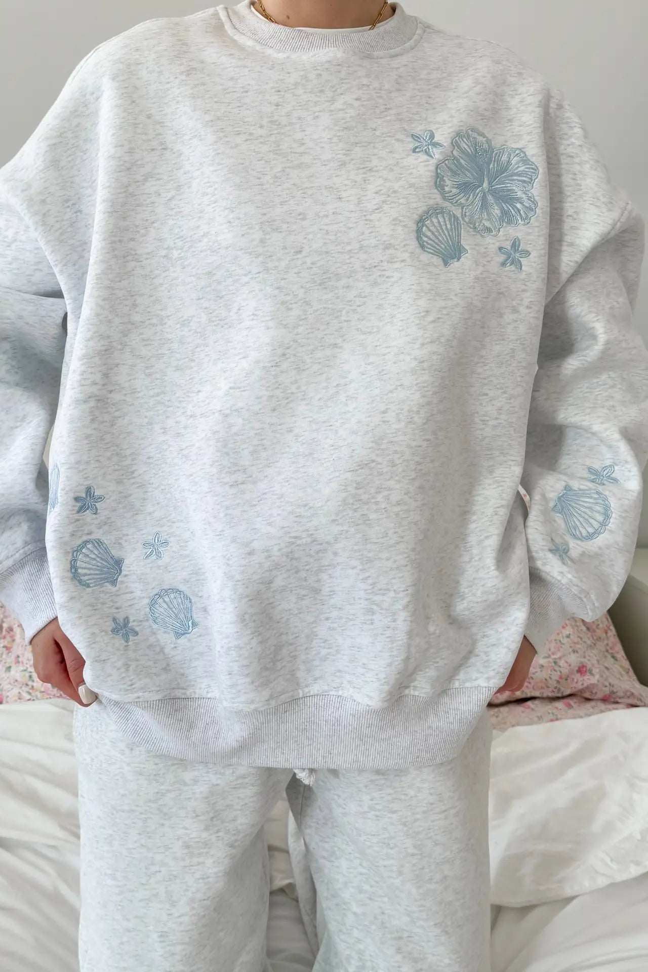 Beach House Tropical Embroidered Sweatshirt in Pearl Grey - Neutral Ground