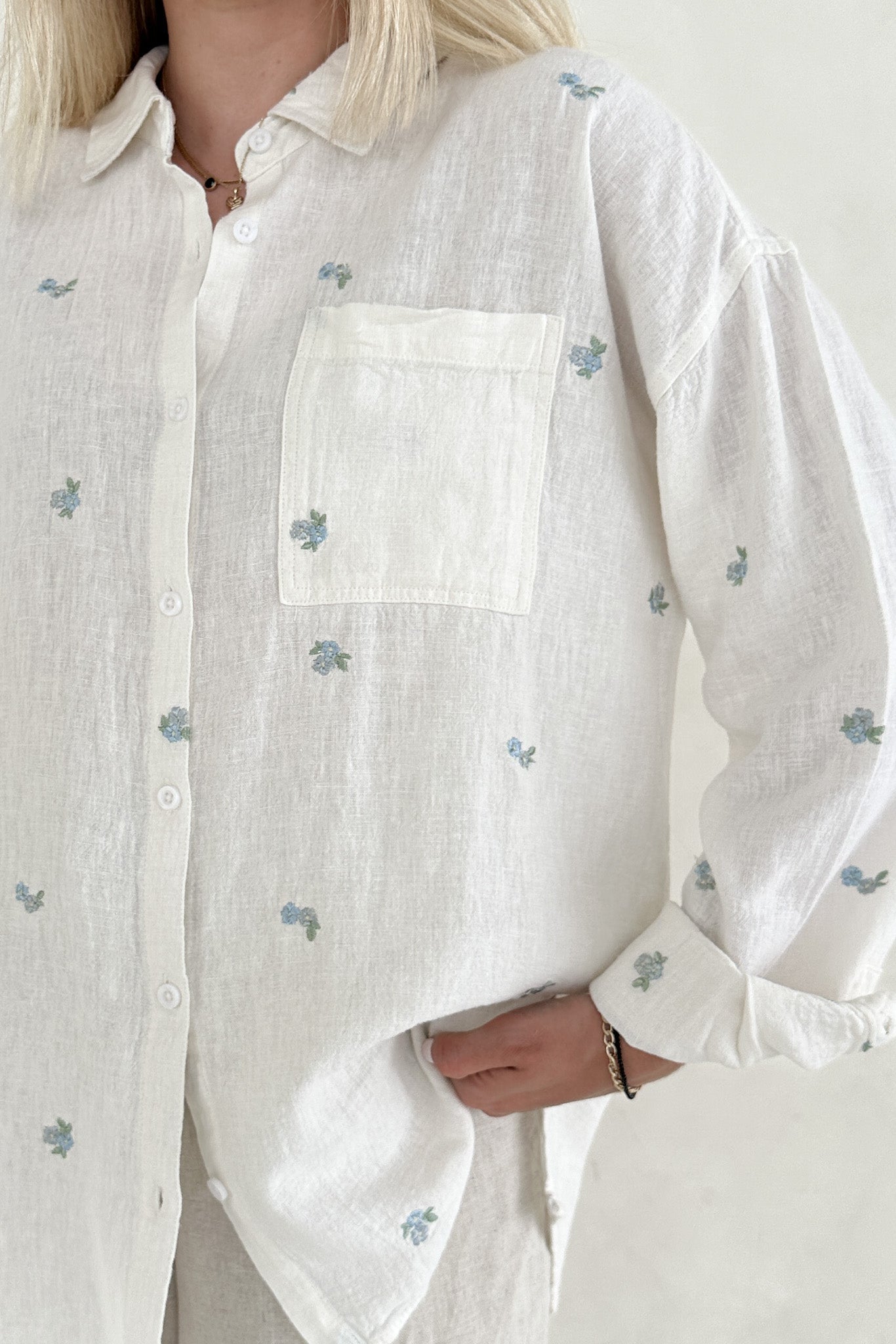 Bella Embroidered Linen Button Down Shirt - Neutral Ground
