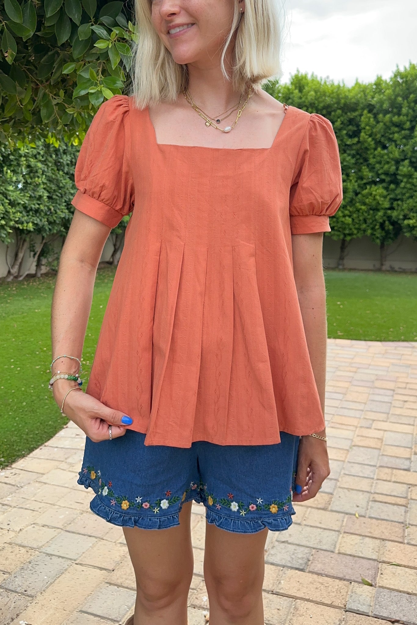 Belle Pleated 100% Cotton Blouse in Terracotta - Neutral Ground