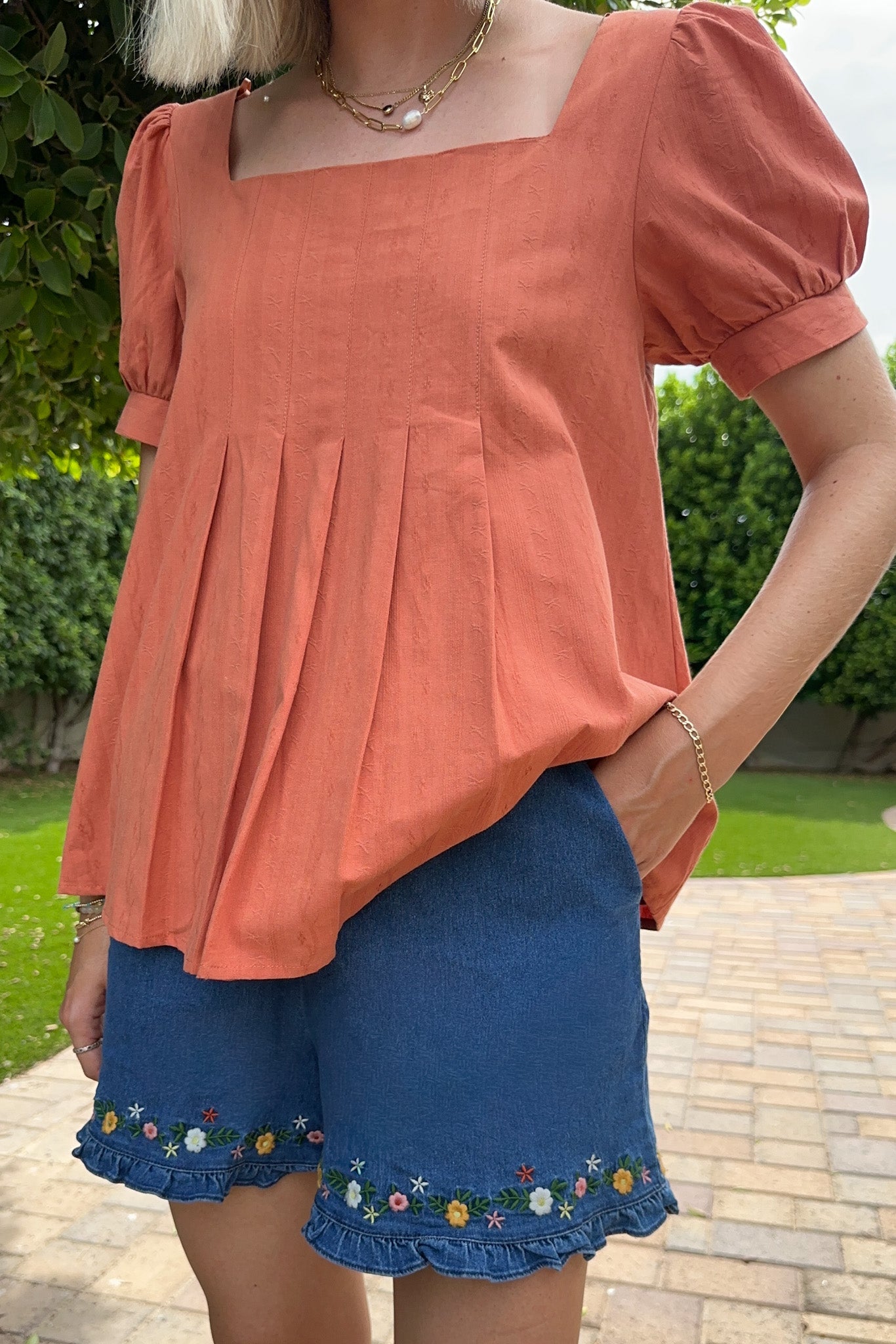 Belle Pleated 100% Cotton Blouse in Terracotta - Neutral Ground